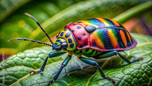 Vibrant Hibiscus Harlequin Bug (Tectocoris diophthalmus) on a Green Leaf in its Natural Habitat photo