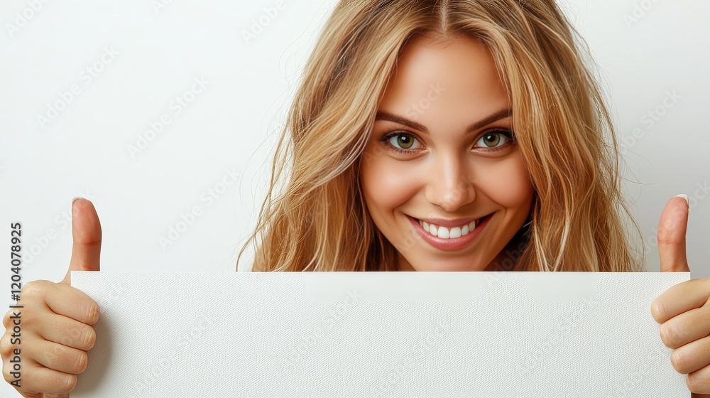 Naklejka premium Young Woman Smiling and Holding Blank Sign for Advertising or Announcement Purposes