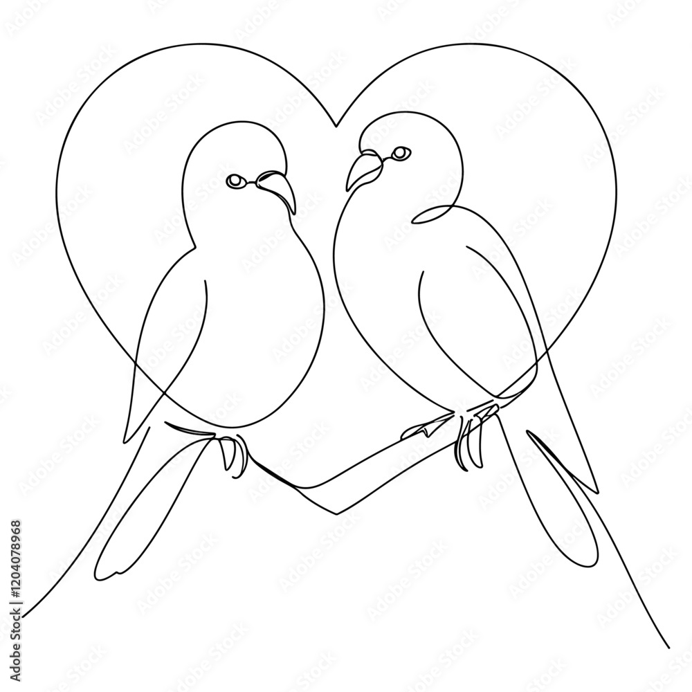 Two birds perched on a branch with heart outline symbolizing love, continuous line drawing Two birds perched on a branch with heart outline symbolizing love, continuous line drawing