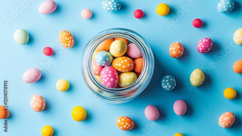 Rendy Easter pattern is made with colorful candy eggs in a jar on a blue background.