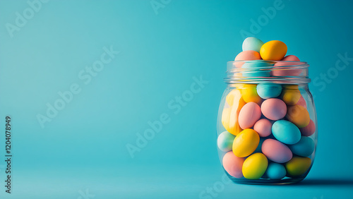 Rendy Easter pattern is made with colorful candy eggs in a jar on a blue background.