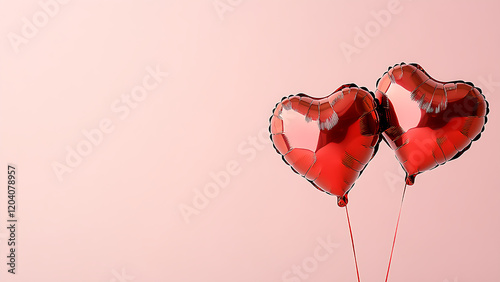 Two red heart-shaped balloons float on a soft pink background.