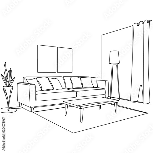 Modern living room with sofa, coffee table, floor lamp, and potted plant in minimalist line art style