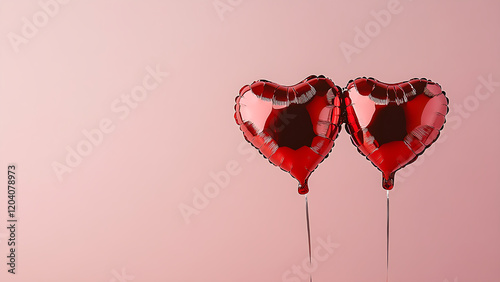 Two red heart-shaped balloons float on a soft pink background.