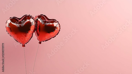 Two red heart-shaped balloons float on a soft pink background.