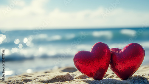 Two red hearts lie on a sandy beach, with the sea and sky blurring in the background.