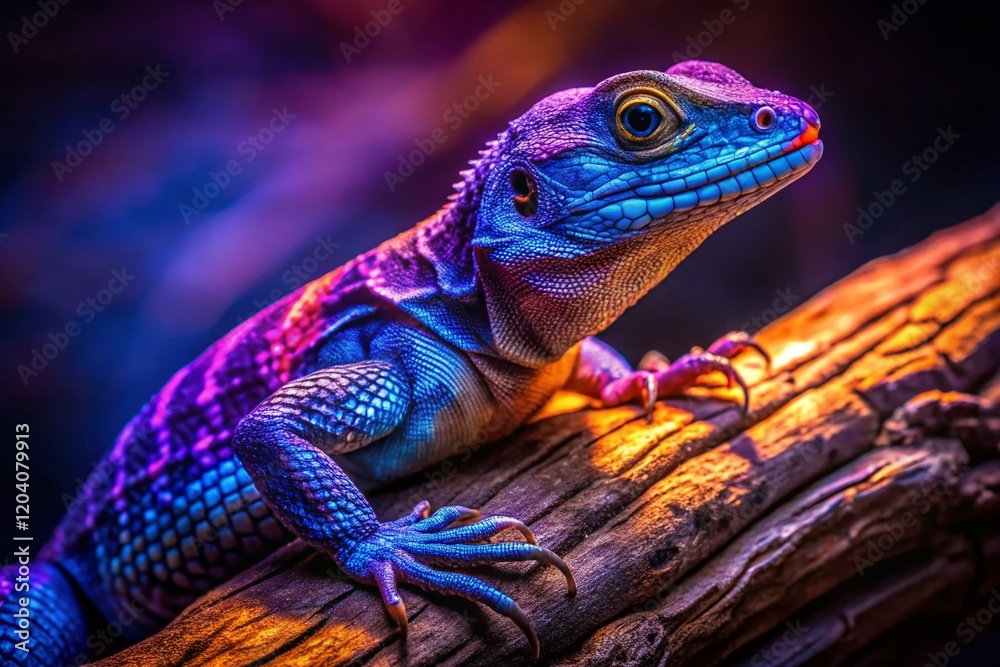 Vibrant Lizard on Twisted Night Wood - Stock Photo Vibrant Lizard on Twisted Night Wood - Stock Photo