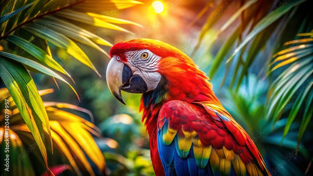 Obraz premium Vibrant Macaw in Lush Tropical Paradise: Abstract Documentary Style