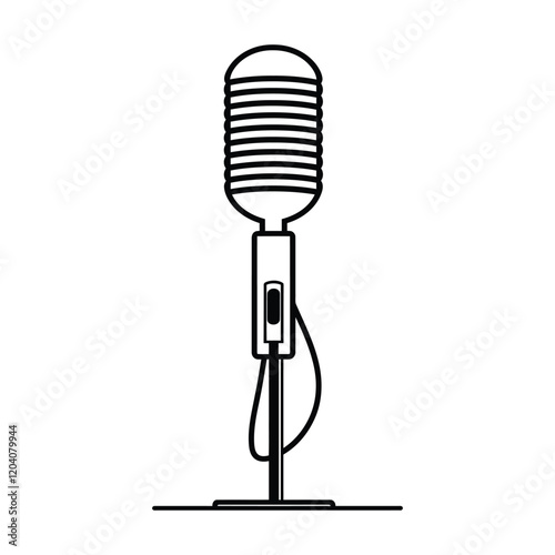 A continuous line drawing of an open microphone icon, vector, outline, silhouette, illustration, isolated on white background