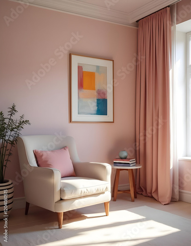 A pink living room wall with a painting, an armchair, and pink curtains