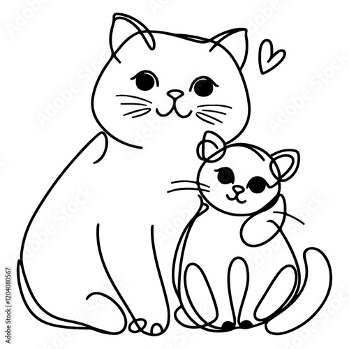 Beautiful line art drawing of mother cat cuddling little kitten with a heart symbol, portraying love and affection