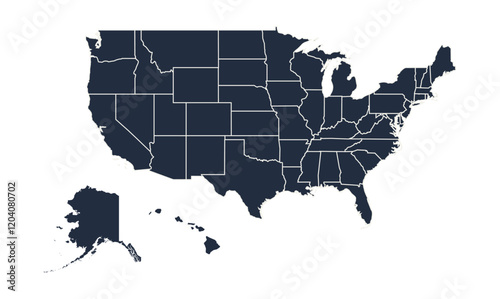 USA Map. Poster map of United States of America. Black and white print of USA with states, poster or geographic, political theme. Black and white print map of USA states. Vector Illustration