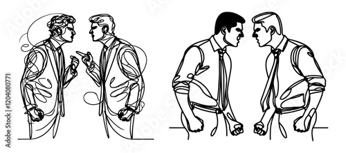 Set of business partners engaged in heated argument with intense body language, showing strong disagreement, line art drawing