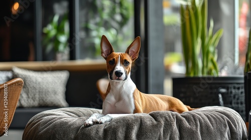 Stylish Basenji Relaxing in Modern Cafe with Plush Cushion photo