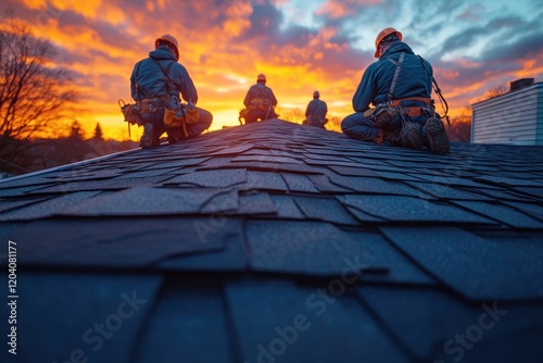 Team of roofers diligently working on wooden house structures under the sun.