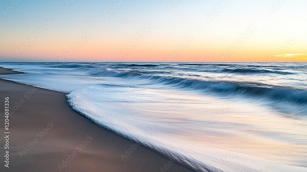 Obraz premium Sunrise ocean waves gently lapping sandy beach. Coastal serenity.