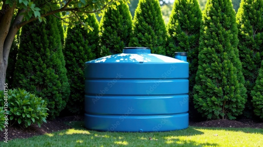 A vibrant blue water storage tank rests serenely amidst a meticulously landscaped garden, showcasing a harmonious blend of nature and modern utility.