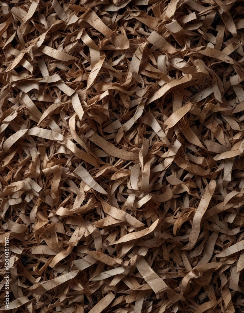 Shredded paper in various shades of brown on a darkened surface, earthy shreds, broken fibers, dry leaves, shredded paper Shredded paper in various shades of brown on a darkened surface, earthy shreds, broken fibers, dry leaves, shredded paper