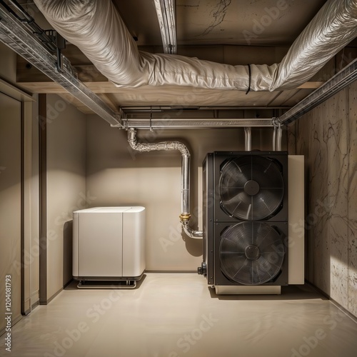 Heat Pump Installation. Modern heat pump system with outdoor unit and ducting in a technical room interior.