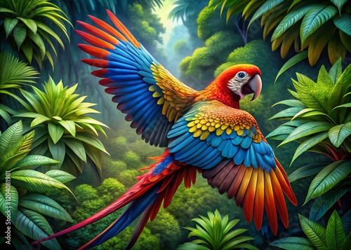 Vibrant Parrot Digital Painting, Aerial Drone View, Tropical Bird, Exotic Feather, Colorful Avian photo