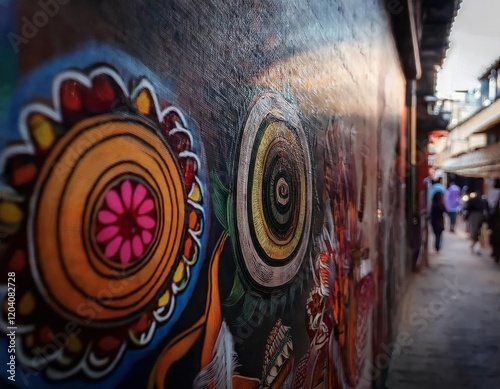 Colorful mural with abstract floral patterns and spirals, decorating a narrow alleyway, blending urban art with cultural expression.
