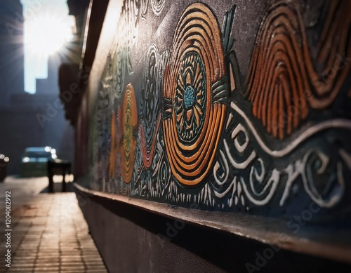 Vibrant mural detail in an urban alley, illuminated by warm sunlight with a blurred street and car in the background.