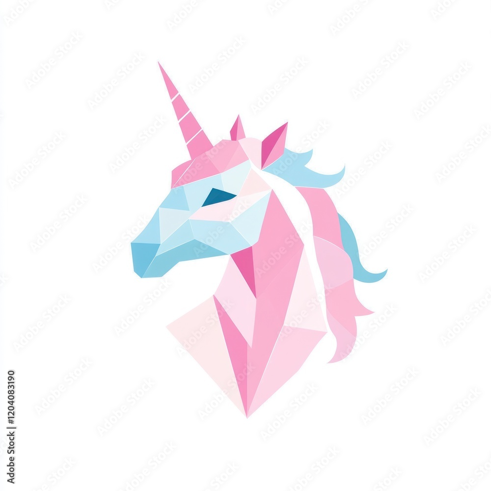 Pink unicorn head, geometric design, whimsical illustration, for children's products or social media Pink unicorn head, geometric design, whimsical illustration, for children's products or social media