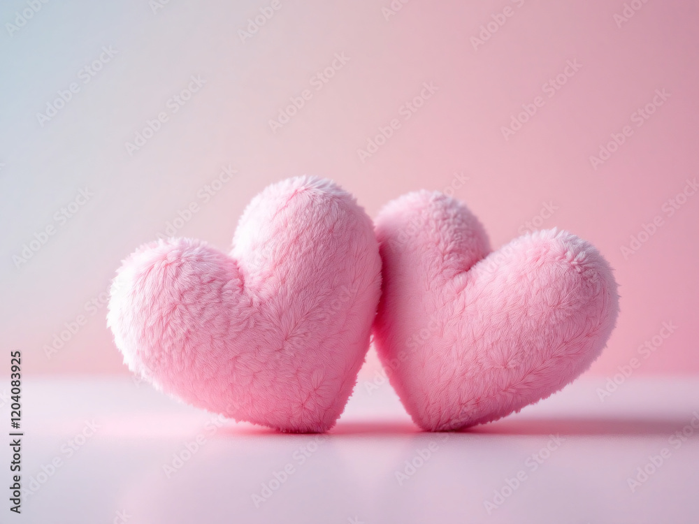 Two fluffy pink hearts on a soft pink background, symbolizing love and tenderness. Two fluffy pink hearts on a soft pink background, symbolizing love and tenderness.
