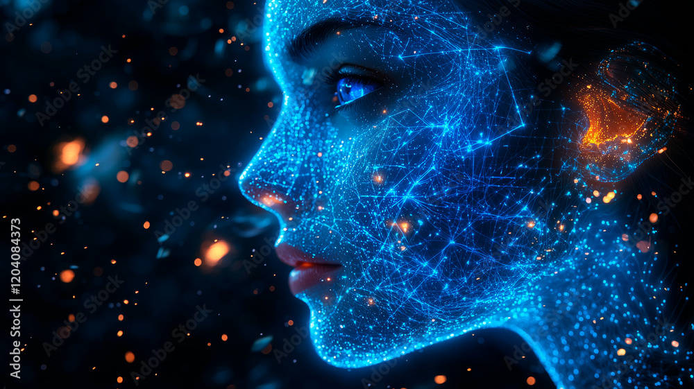 Obraz premium Hyper-Detailed Digital AI Face with Glowing Data Grid