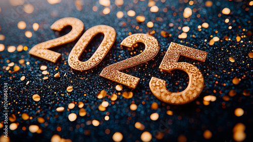 Golden Glittering 2025 on Blue Sparkling Background