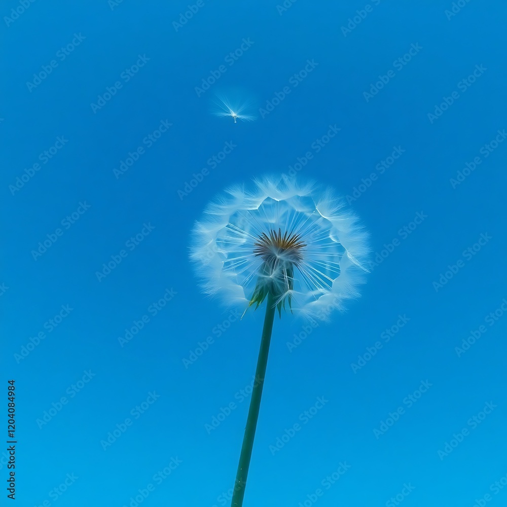Fototapeta premium Dandelion seed head against a clear blue sky, with a single seed floating away.