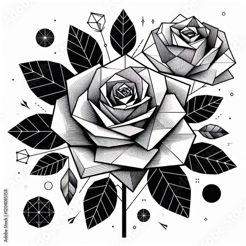 Rose illustrations simplified into geometric petals and leaves e