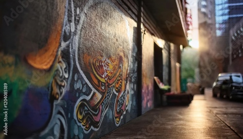 A detailed urban street art mural illuminated by the warm glow of sunset, creating a dynamic and vibrant cityscape atmosphere.