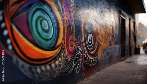 Detailed view of vibrant abstract street art with swirling patterns and bold colors on an urban wall, showcasing creativity.