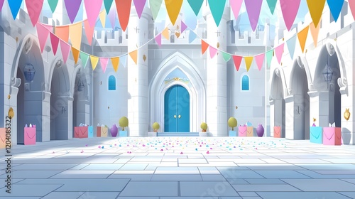 Colorful festive scene with castle courtyard, decorative banners, balloons, and vibrant flowers on the floor
