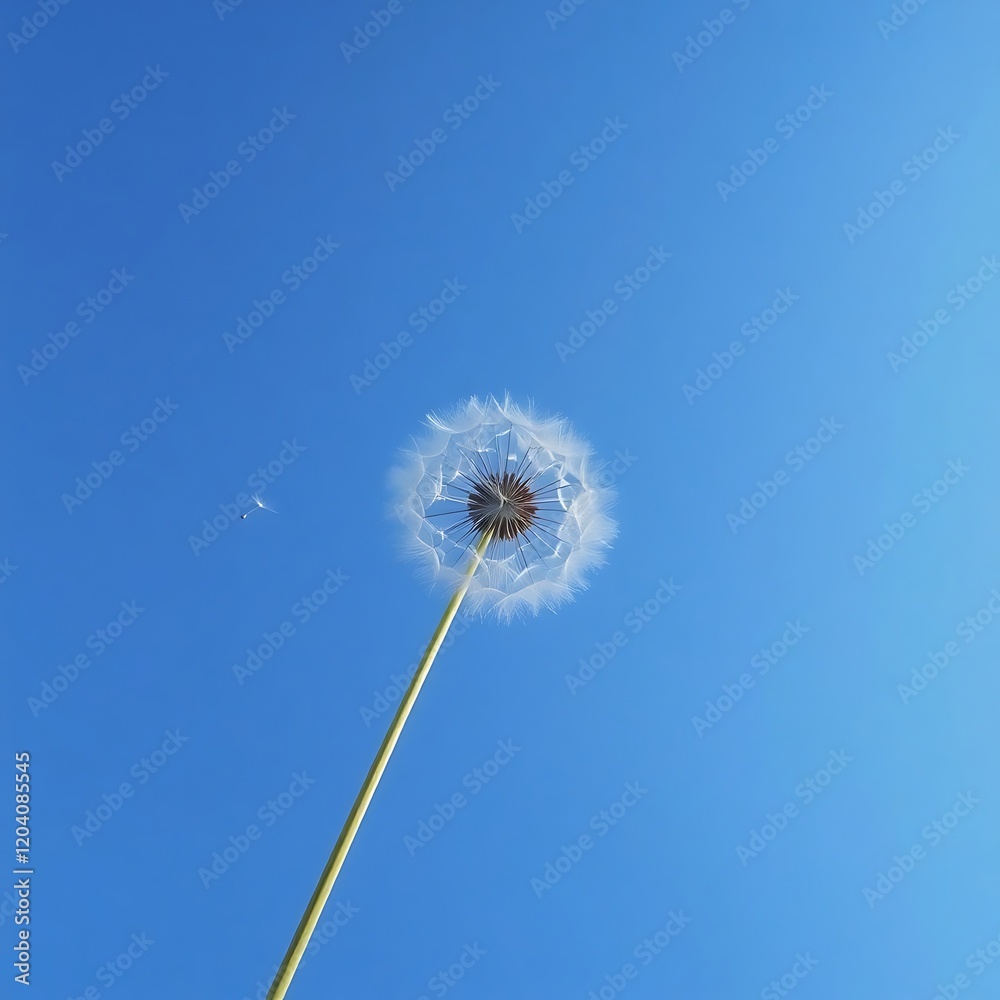 Fototapeta premium Dandelion seed head against a clear blue sky.