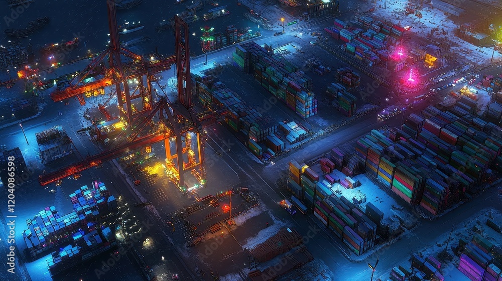 Aerial night view of a busy container port, vibrant lights, nighttime freight Aerial night view of a busy container port, vibrant lights, nighttime freight