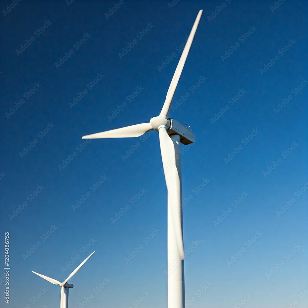 wind turbine against blue sky. Low angle of wind turbine against bright blue sky. Renewable or green energy concept. landscape of windmill with sunlight and almost clear sky. wind turbine against blue sky. Low angle of wind turbine against bright blue sky. Renewable or green energy concept. landscape of windmill with sunlight and almost clear sky.
