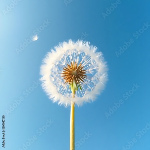 Dandelion seed head against blue sky.