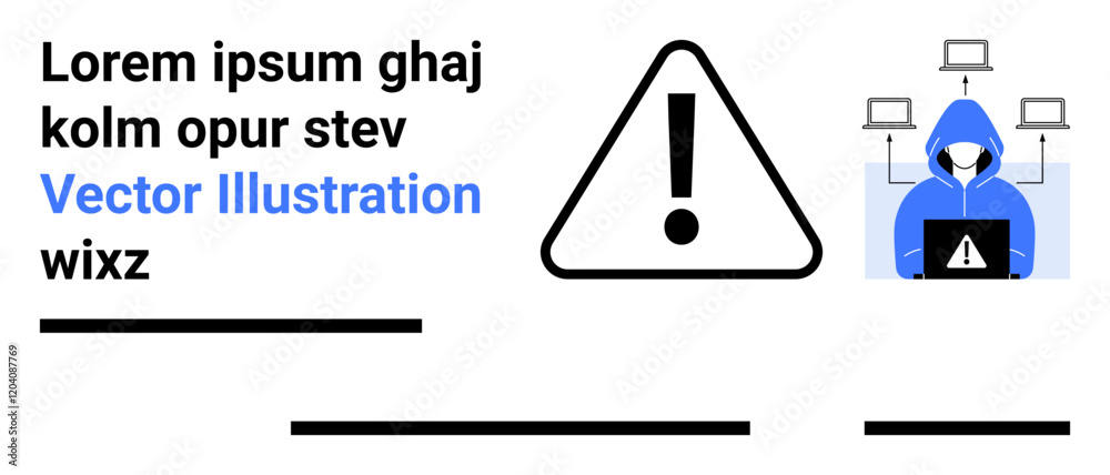 Exclamation mark inside triangle, hooded figure with laptop, computers in background. Ideal for cybersecurity, IT security, data protection, anti-hacking, warning systems, network security, digital Exclamation mark inside triangle, hooded figure with laptop, computers in background. Ideal for cybersecurity, IT security, data protection, anti-hacking, warning systems, network security, digital