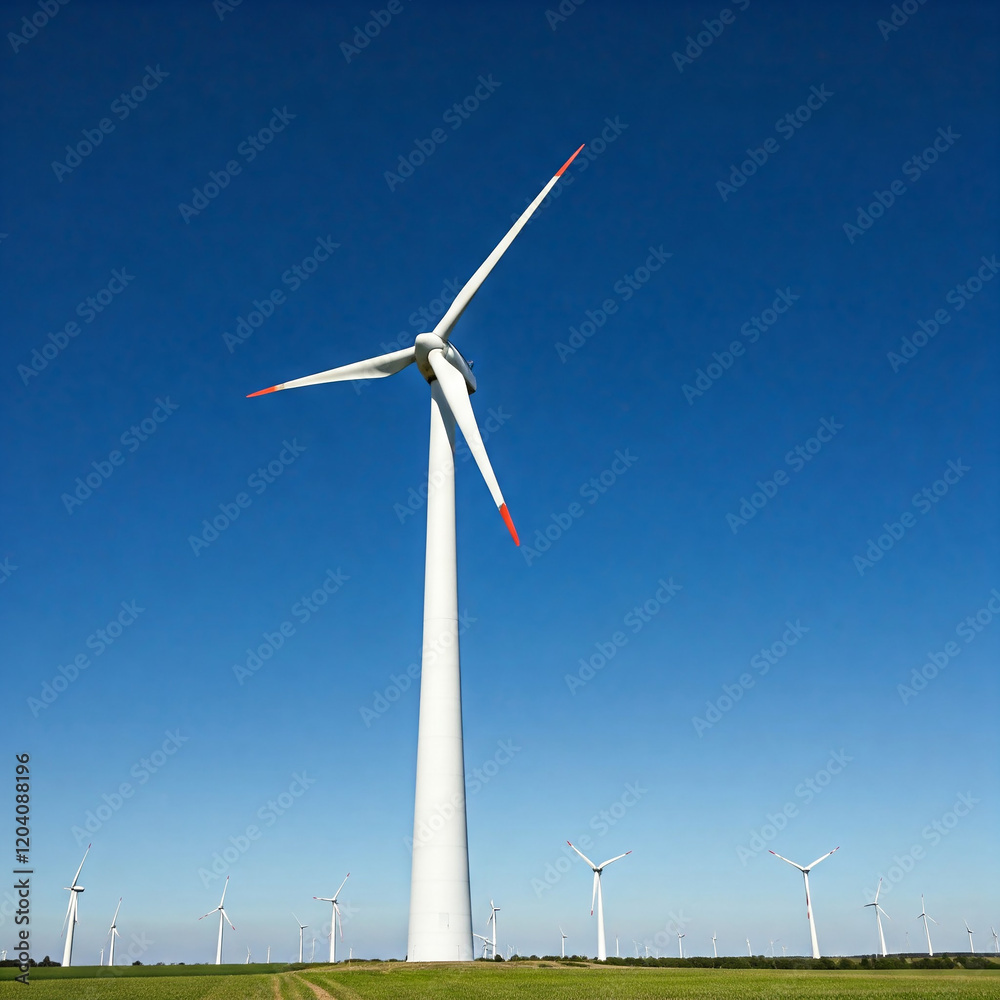 wind turbine against blue sky. Low angle of wind turbine against bright blue sky. Renewable or green energy concept. landscape of windmill with sunlight and almost clear sky. wind turbine against blue sky. Low angle of wind turbine against bright blue sky. Renewable or green energy concept. landscape of windmill with sunlight and almost clear sky.