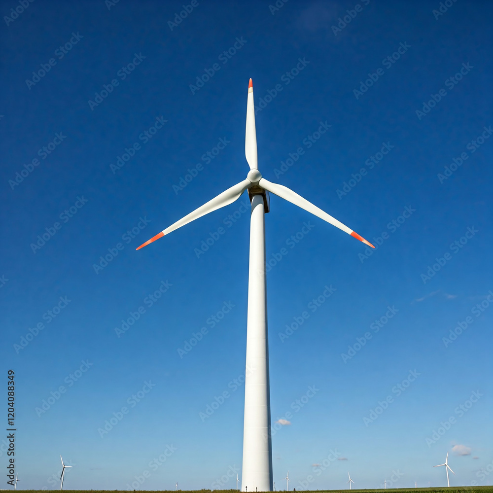 wind turbine against blue sky. Low angle of wind turbine against bright blue sky. Renewable or green energy concept. landscape of windmill with sunlight and almost clear sky. wind turbine against blue sky. Low angle of wind turbine against bright blue sky. Renewable or green energy concept. landscape of windmill with sunlight and almost clear sky.