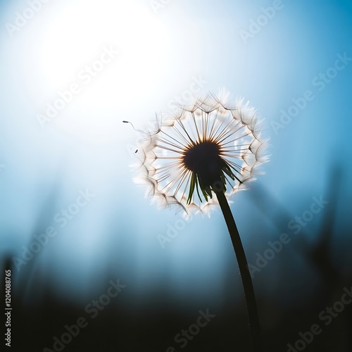 Dandelion seed head backlit by sun. photo