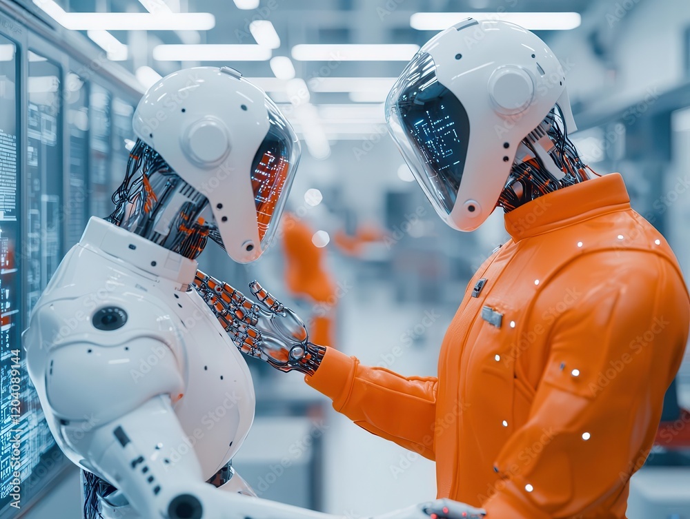 Naklejka premium Engineers programming AIenabled robotic arms for precision manufacturing