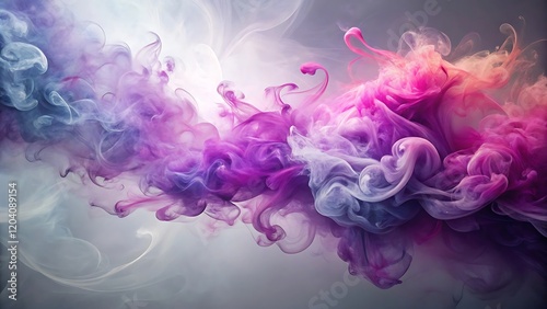 Vibrant swirls of purple and pink hues amidst wispy tendrils of smoke against a soft gray background