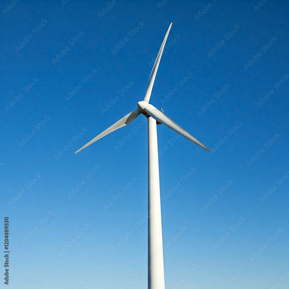 wind turbine against blue sky. Low angle of wind turbine against bright blue sky. Renewable or green energy concept. landscape of windmill with sunlight and almost clear sky.