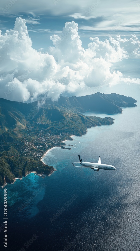 Fototapeta premium Aerial view of airplane soaring over stunning coastal landscape tropical destination travel ethereal vibes