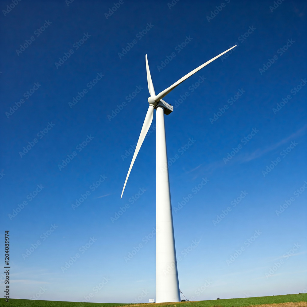 wind turbine against blue sky. Low angle of wind turbine against bright blue sky. Renewable or green energy concept. landscape of windmill with sunlight and almost clear sky. wind turbine against blue sky. Low angle of wind turbine against bright blue sky. Renewable or green energy concept. landscape of windmill with sunlight and almost clear sky.