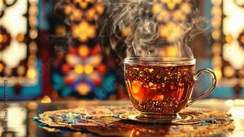 A steaming glass of tea