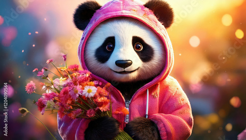 Cute panda holding flowers anime style cartoon character design outdoor setting front view adorable pink hoodie concept for seo impact photo